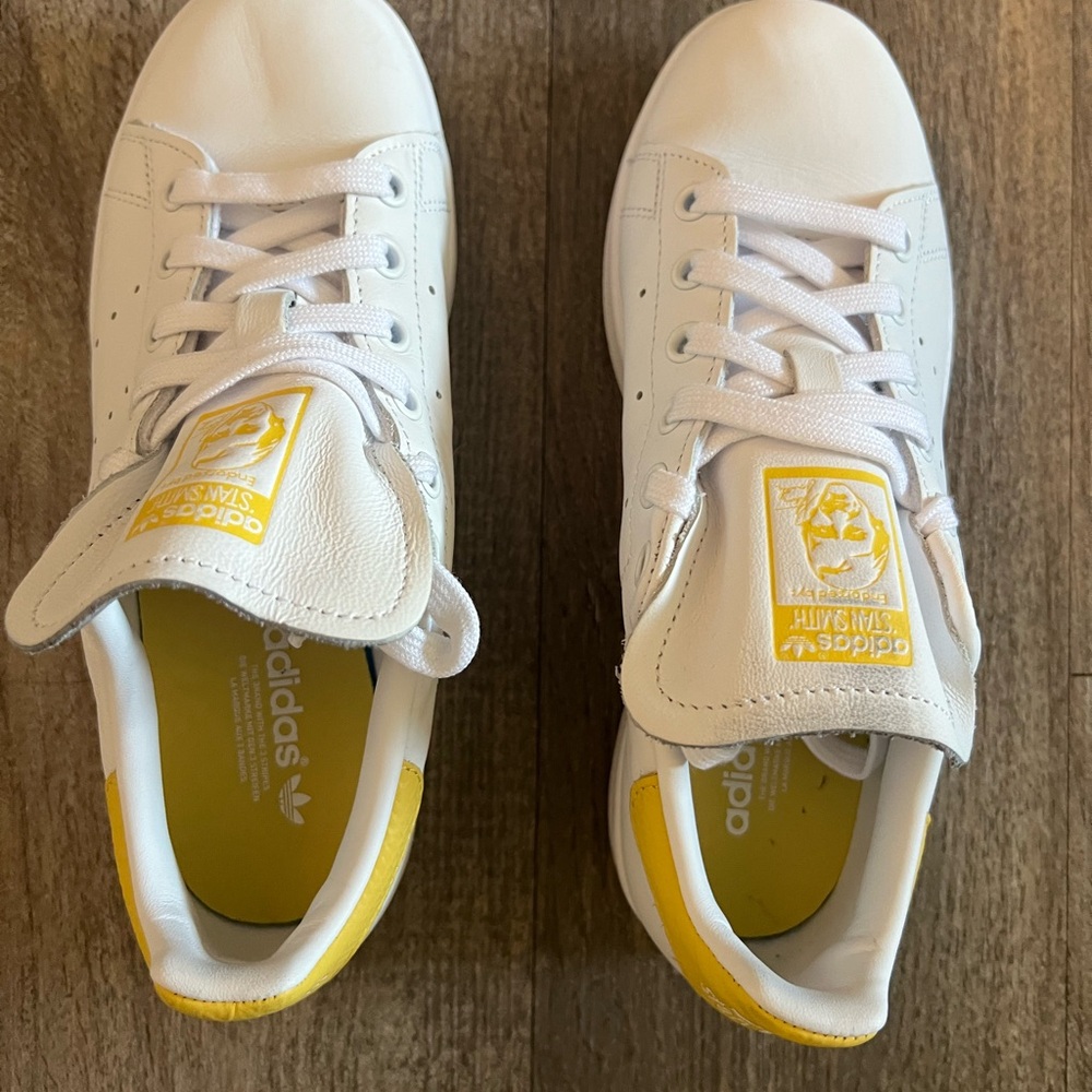 adidas women’s White Sneakers with Yellow Accents